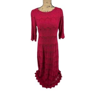 DAINTY JEWELLS Reddish Pink Lace Overlay Floor Length Evening Dress Medium